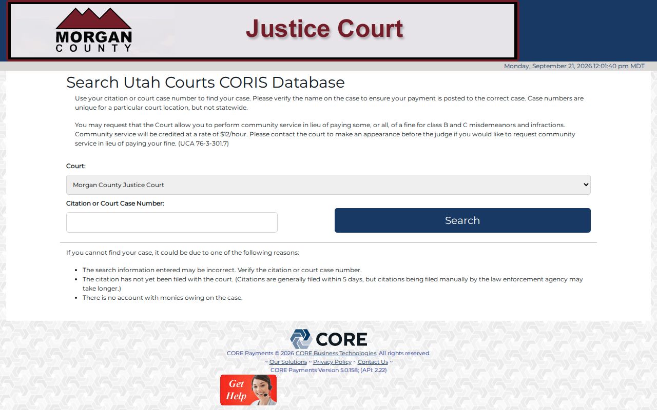 Morgan County traffic warrant case-number search on the Justice Court CORIS form