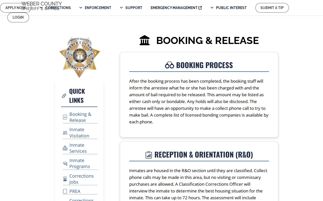 Morgan County warrant booking and release process at Weber County Corrections
