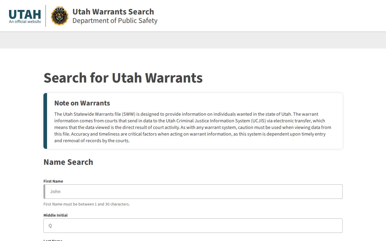 Morgan County warrant search interface on the official Utah Statewide Warrants portal